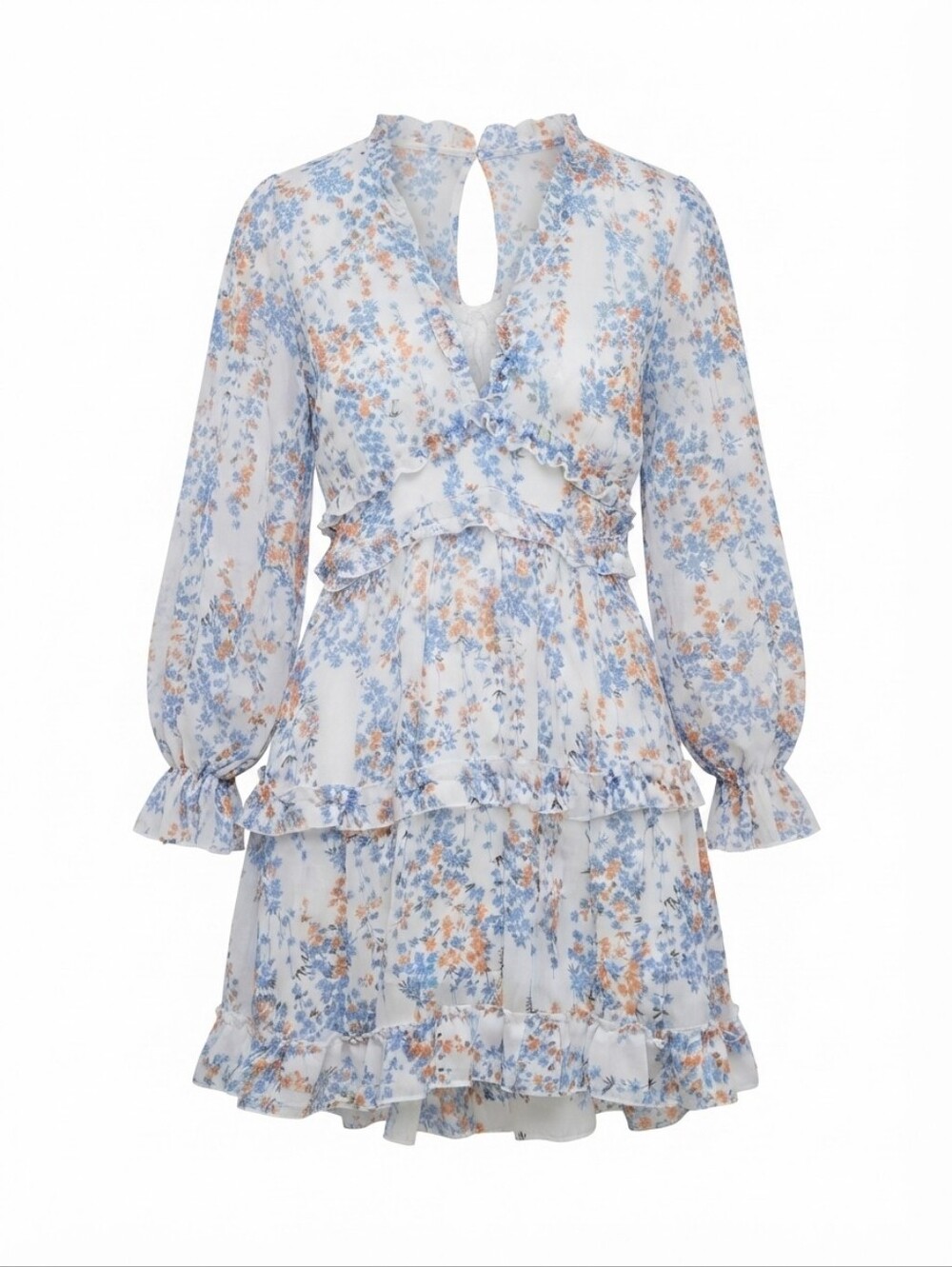 White Floral Ruffle Mini Dress with Blue and Orange Floral Print